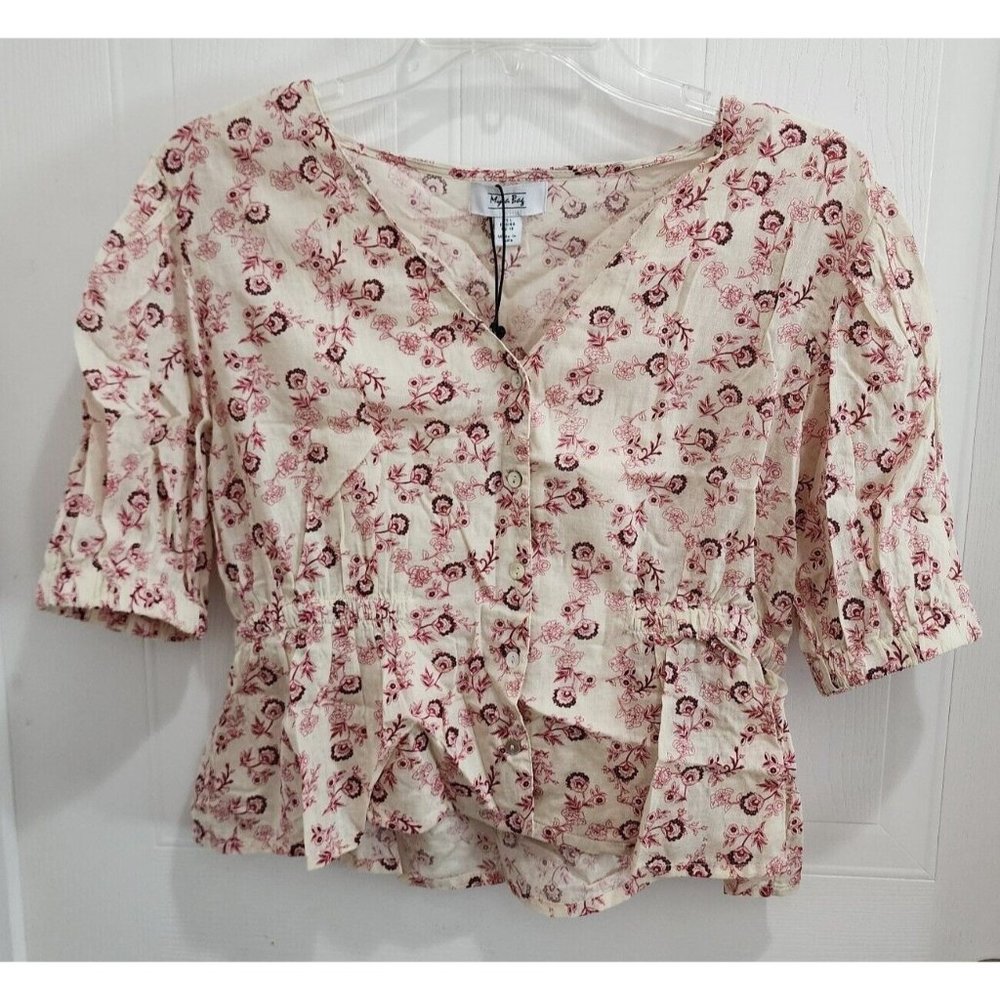 NEW Myra Bag Women's Short Sleeve Cropped Top Button Front Cinch Waist‎ Floral L